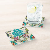 ダマスク織の花柄パターンプラムターコイズ ガラスコースター (アングル)