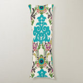 ダマスク織の花柄パターンプラムターコイズ ボディピロー (正面縦)