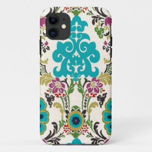 ダマスク織の花柄パターンプラムターコイズ iPhone 11 ケース