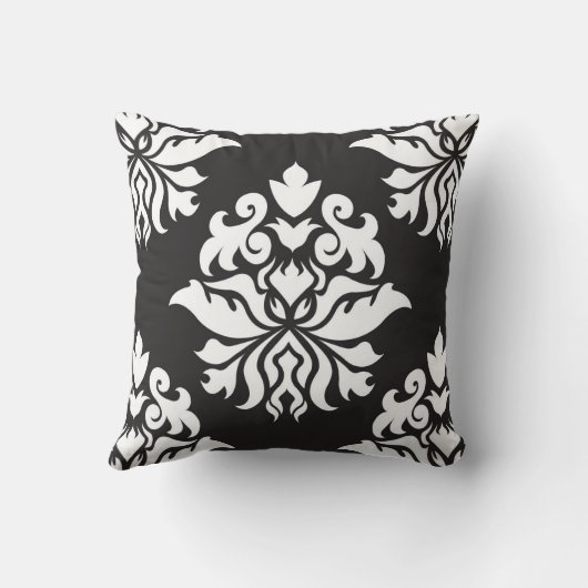ダマスク織の華美な繰り返しパターン-黒の白 クッション (裏面)