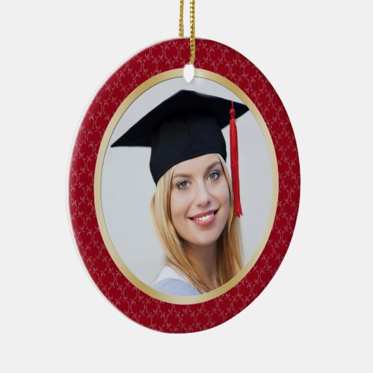 ダマスク織の赤および金ゴールドの卒業の写真のオーナメント セラミックオーナメント (右)