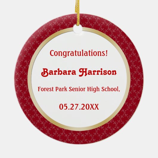 ダマスク織の赤および金ゴールドの卒業の写真のオーナメント セラミックオーナメント (裏面)