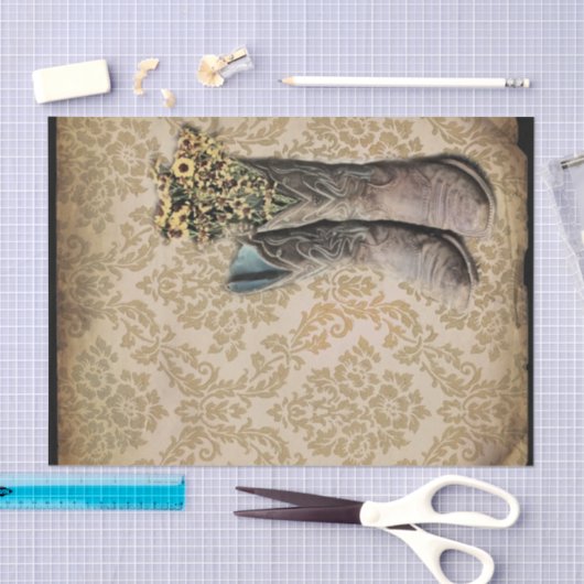 ダマスク織の野生の花の西欧諸国のカウボーイ・ブーツ 薄葉紙 (クラフト)