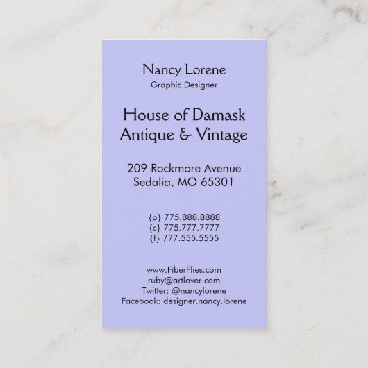 ダマスク織の野生の花、VALESKA紫色の夫人 名刺 (裏面)