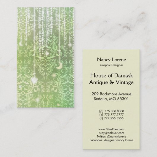 ダマスク織の野生の花、VALESKA緑の夫人 名刺 (正面/裏面)