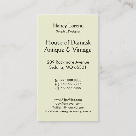 ダマスク織の野生の花、VALESKA緑の夫人 名刺 (裏面)