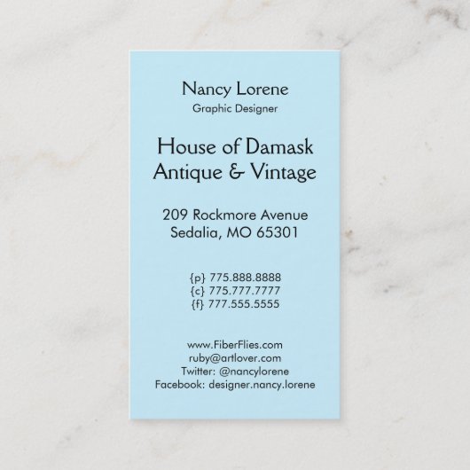 ダマスク織の野生の花、VALESKA青の夫人 名刺 (裏面)