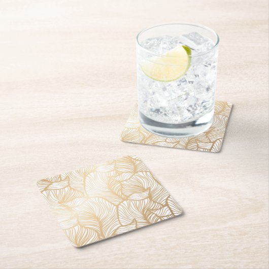 ダマスク織の金ゴールドの花柄パターン スクエアペーパーコースター (インサイチュ)