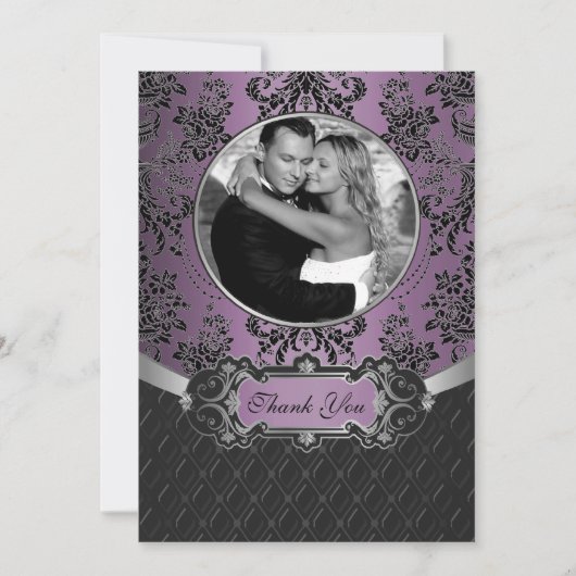 ダマスク織の黒いおよび紫色の結婚式のサンキューカード サンキューカード (正面)