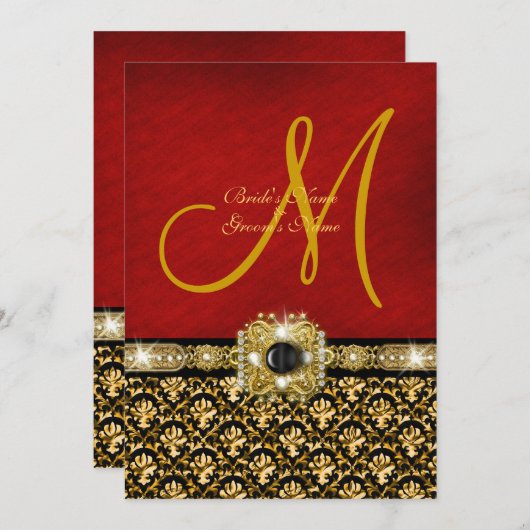 ダマスク織の黒く赤い金ゴールド"エレガントな結婚式" 招待状 (正面/裏面)