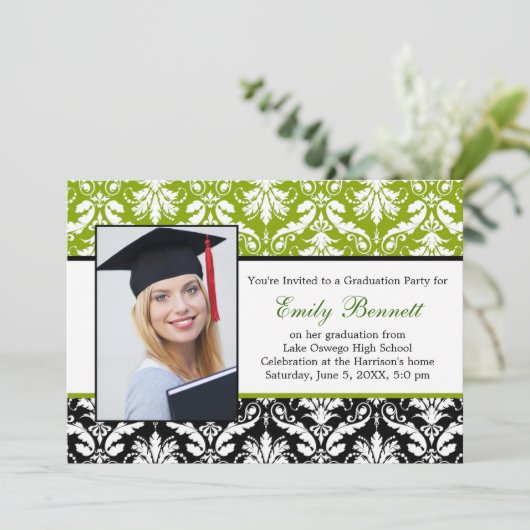 ダマスク織の黒のライムの卒業パーティー 招待状 (スタンド正面)