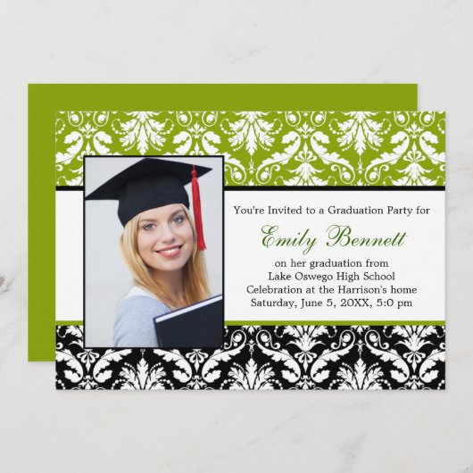 ダマスク織の黒のライムの卒業パーティー 招待状 (正面/裏面)
