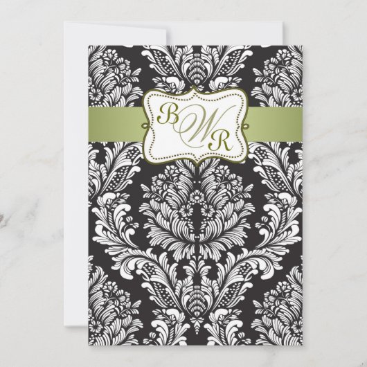 ダマスク織の黒、白いそして緑のモノグラムの結婚 招待状 (正面)