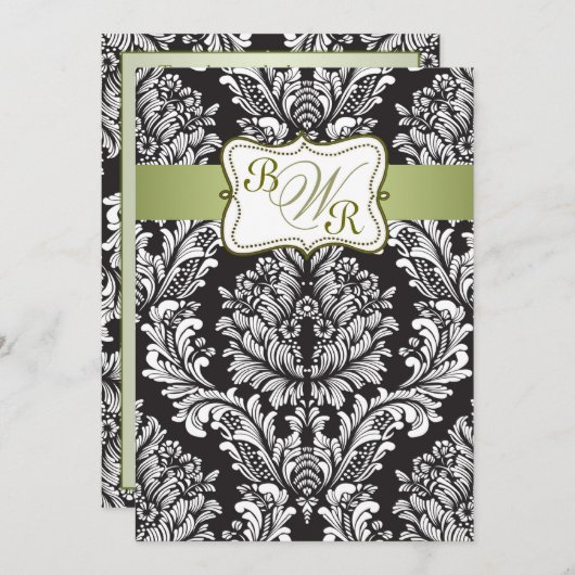 ダマスク織の黒、白いそして緑のモノグラムの結婚 招待状 (正面/裏面)