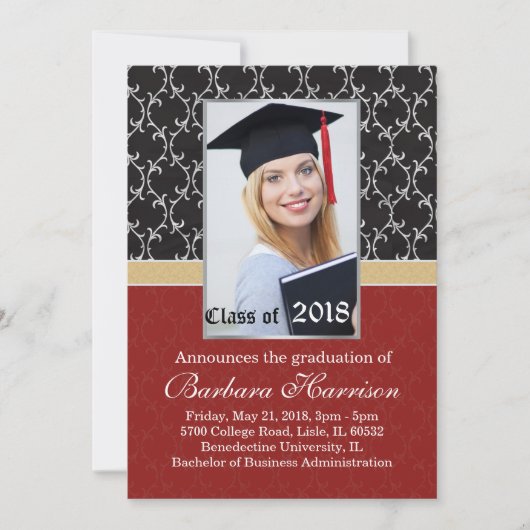 ダマスク織の黒、赤い卒業の発表の写真 案内状 (正面)