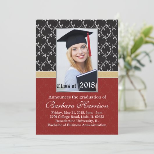 ダマスク織の黒、赤い卒業の発表の写真 案内状 (スタンド正面)
