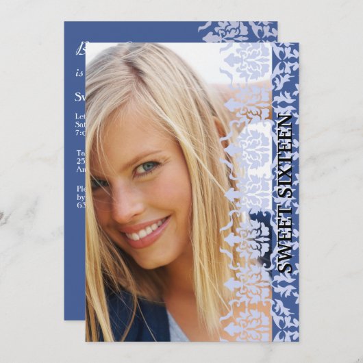 ダマスク織は写真の青の招待状を見通します 招待状 (正面/裏面)