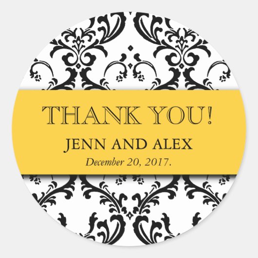 ダマスク織は結婚式用シールの好意の黄色感謝していしています ラウンドシール (正面)