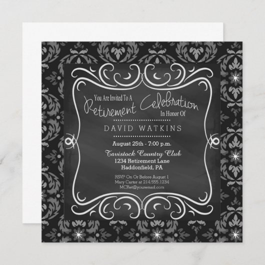 ダマスク織及び黒板の退職のパーティの招待状 招待状 (正面/裏面)