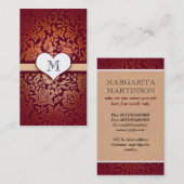 ダマスク織愛ハートのモノグラムの赤い名刺 名刺 (正面/裏面)