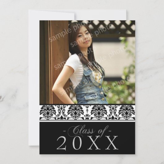 ダマスク織5x7の卒業の発表(黒か白) 招待状 (正面)
