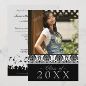 ダマスク織5x7の卒業の発表(黒か白) 招待状 (正面/裏面)