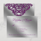 ダマスク織RSVPの結婚式の応答の輝きの紫色の銀 出欠カード (正面/裏面)