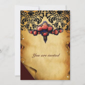 ダマスク羊皮紙とピンクのサンゴのバラ 招待状 (正面)