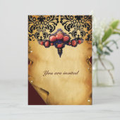 ダマスク羊皮紙とピンクのサンゴのバラ 招待状 (スタンド正面)