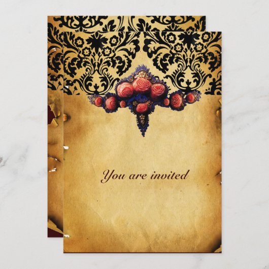 ダマスク羊皮紙とピンクのサンゴのバラ 招待状 (正面/裏面)
