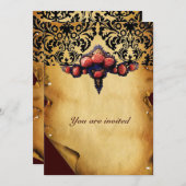 ダマスク羊皮紙とピンクの珊瑚薔薇 招待状 (正面/裏面)