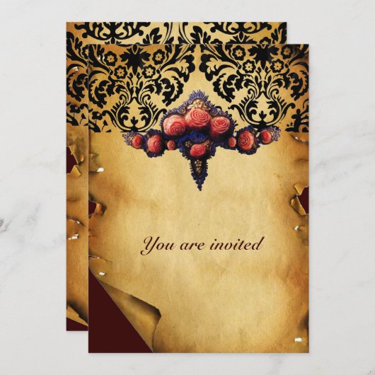 ダマスク羊皮紙とピンクの珊瑚薔薇 招待状 (正面/裏面)