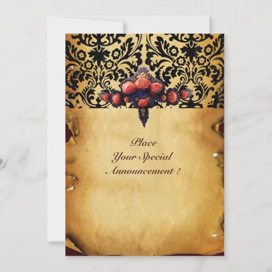 ダマスク羊皮紙とピンクの珊瑚薔薇 招待状 (裏面)