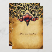 ダマスク羊皮紙とピンクの珊瑚薔薇 招待状 (正面/裏面)