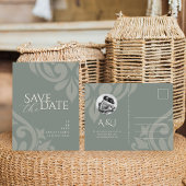 ダマスク自然オリーブ写真結婚式の日付を保存 案内ポストカード