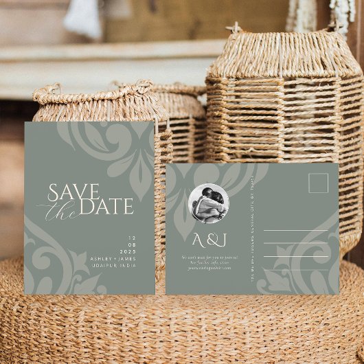 ダマスク自然オリーブ写真結婚式の日付を保存 案内ポストカード