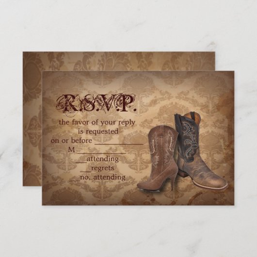 ダマスク西カウボーイウェディングRSVP応答 出欠カード (正面/裏面)