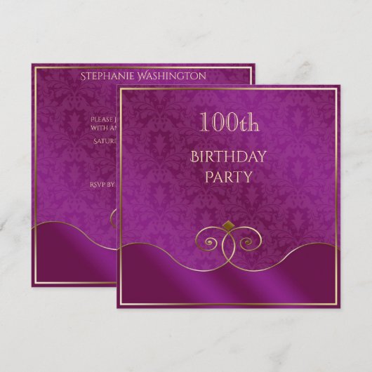 ダマスク調の高級感ある紫と金の渦巻き 100歳の誕生日 招待状 (正面/裏面)