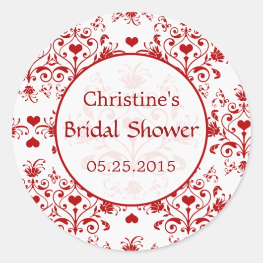 ダマスク赤いハートスワーズブライダルシャワーシール ラウンドシール (正面)
