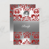 ダマスク赤と白玉石モノグラム 案内状 (正面/裏面)