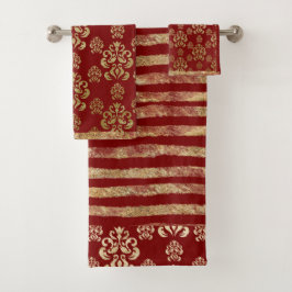 ダマスク金ゴールドレッドモダンエレガントかわいらしストライプ バスタオルセット