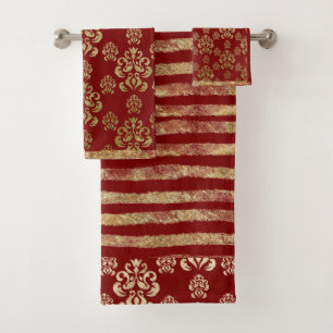 ダマスク金ゴールドレッドモダンエレガントかわいらしストライプ バスタオルセット