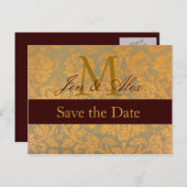 ダマスク金ゴールド日付の保存モノグラム注釈 案内ポストカード (正面/裏面)