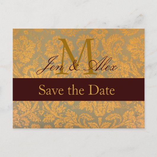 ダマスク金ゴールド日付の保存モノグラム注釈 案内ポストカード (正面)