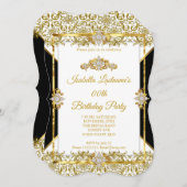 ダマスク金ゴールド白黒ダイヤモンドバースデーパーティー 招待状 (正面/裏面)