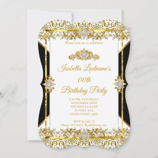 ダマスク金ゴールド白黒ダイヤモンドバースデーパーティー 招待状 (正面)
