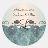 ダマスク青緑色の茶色のモノグラムのシール ラウンドシール (正面)