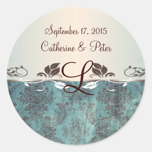 ダマスク青緑色の茶色のモノグラムのシール ラウンドシール (正面)
