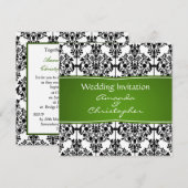 ダマスク黒、白、緑の結婚式招待状 招待状 (正面/裏面)
