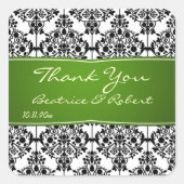 ダマスク黒、白、緑結婚の感謝 スクエアシール (正面)